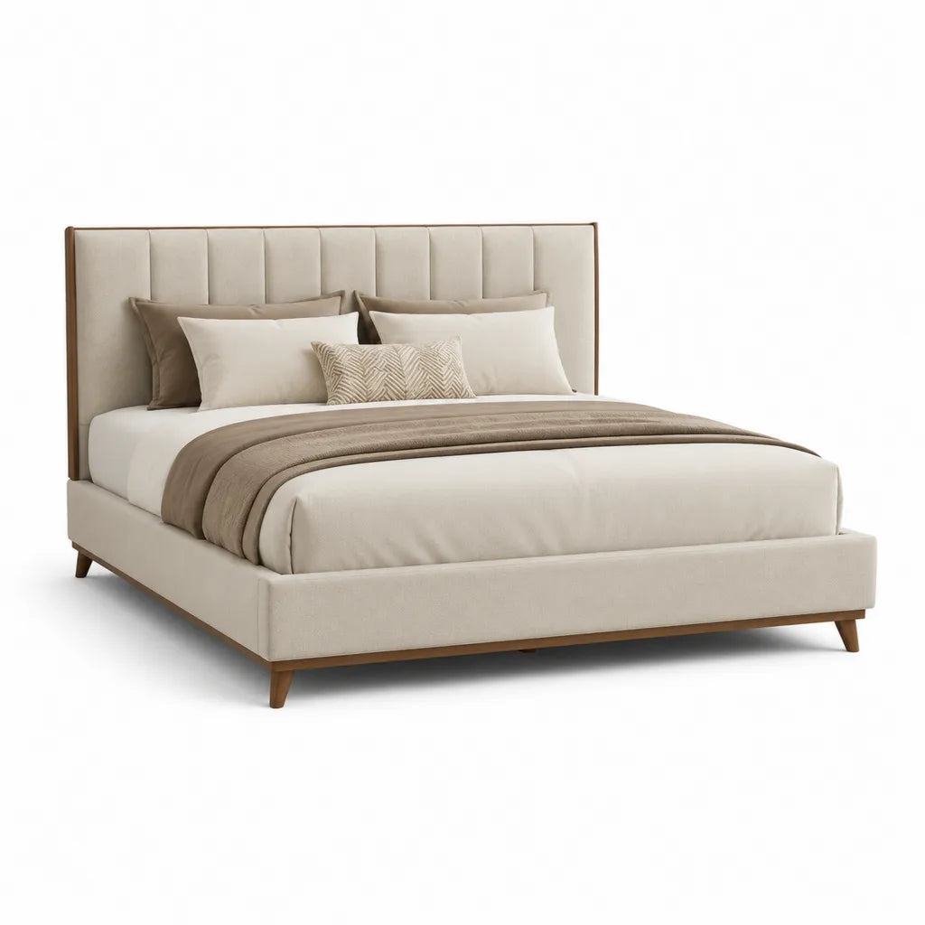 Polsterbett Doppelbett 180 x 200 cm mit Polyesterbezug MDF und Massivholzfuessen rechteckig Creme