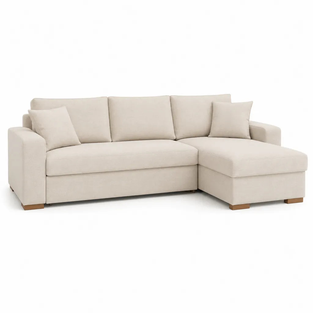 Ecksofa mit Recamiere rechts L Form 240 x 150 cm Polyesterbezug Schaumstoffpolsterung Beige