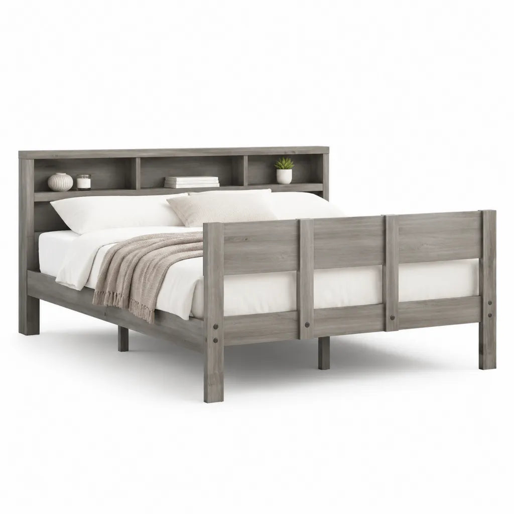 Doppelbett Bettgestell 160 x 200 cm aus massivem Kiefernholz grau mit Kopfteilregal