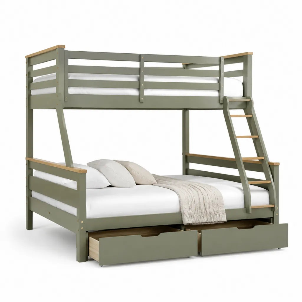 Etagenbett mit Schubladen 90 x 200 cm und 140 x 200 cm Kiefer Massivholz Olivgruen Natur 209 x 149 x 170 cm