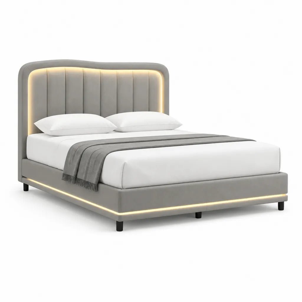 Polsterbett Doppelbett mit LED-Beleuchtung 180 x 200 cm Polyester-Samt Rechteckig Grau
