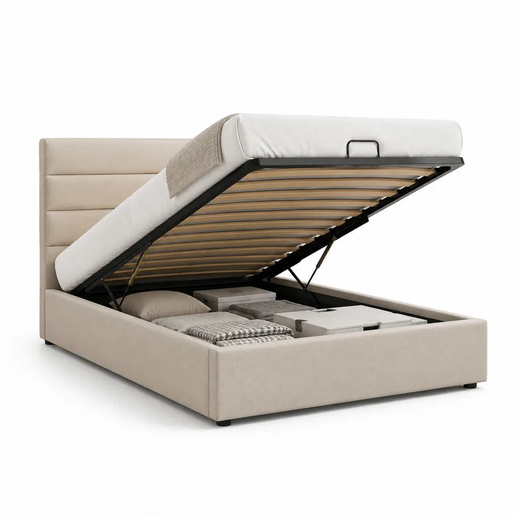 Polsterbett mit Stauraum und Gasdruckfeder 160 x 200 cm Polyester Beige