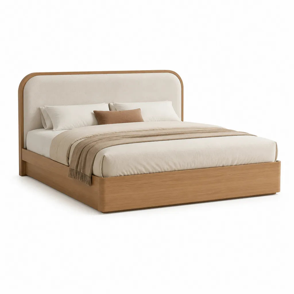 Polsterbett Doppelbett 160 x 200 cm mit gepolstertem Kopfteil Holzoptik Hellbraun Creme