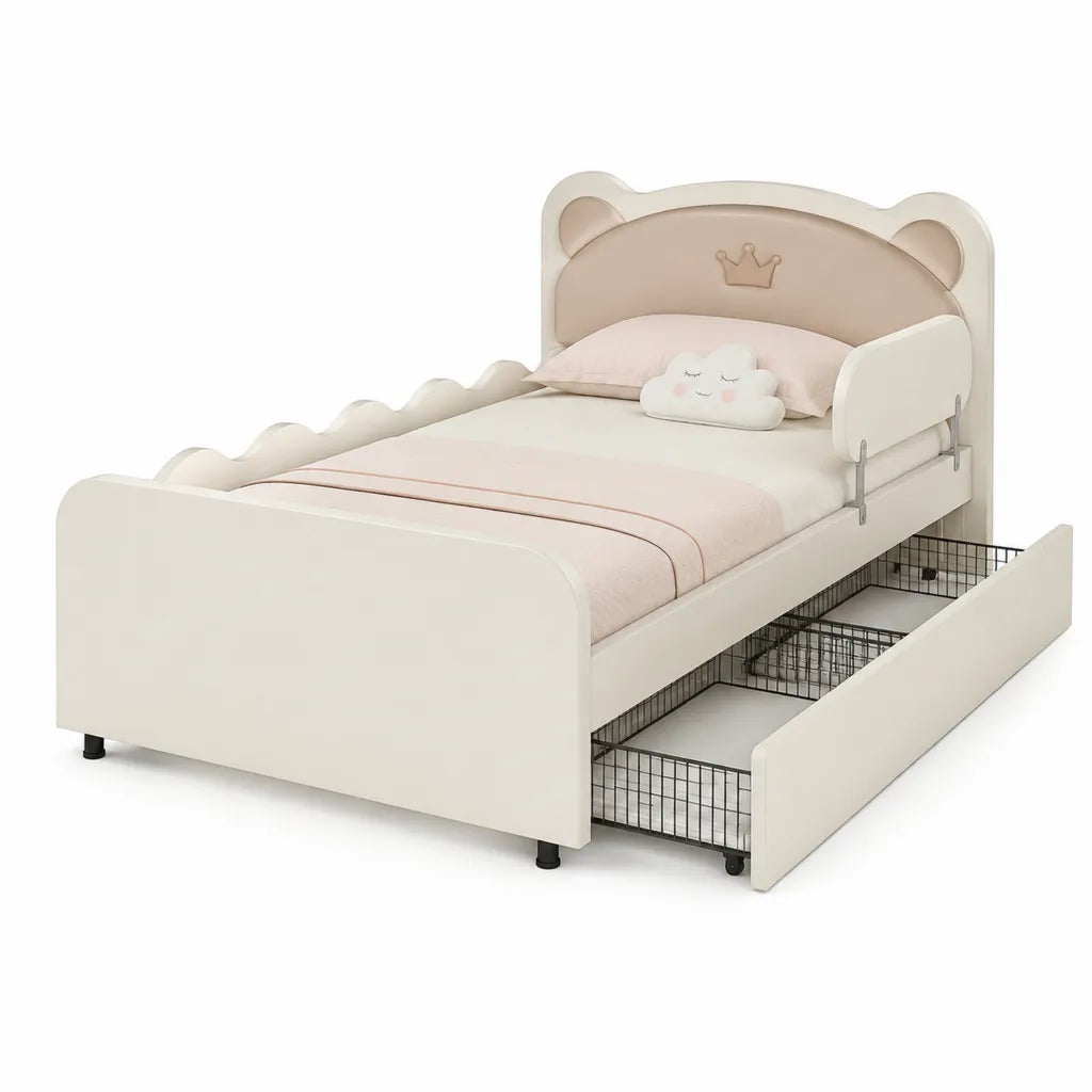 Kinderbettgestell mit Ausfallschutz und Bettkasten 90 x 200 cm MDF Kunstleder rechteckig Weiss Beige