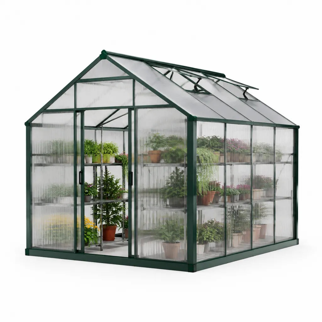 Gewaechshaus mit Schiebetuer 250 x 190 x 195 cm Aluminium Polycarbonat Satteldach Gruen
