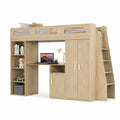 Hochbett mit Schreibtisch Kleiderschrank Regal und Treppe 90 x 200 cm Spanplatte Eiche hell 205 x 125 x 180 cm