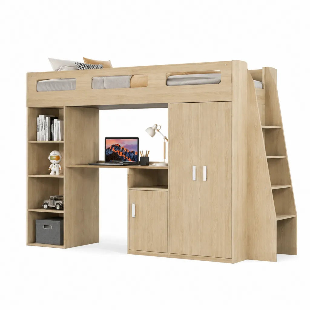 Hochbett mit Schreibtisch Kleiderschrank Regal und Treppe 90 x 200 cm Spanplatte Eiche hell 205 x 125 x 180 cm