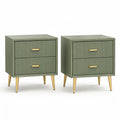 Nachttisch 2er Set mit 2 Schubladen MDF geriffelte Front salbeigruen goldfarben 45 x 40 x 60 cm