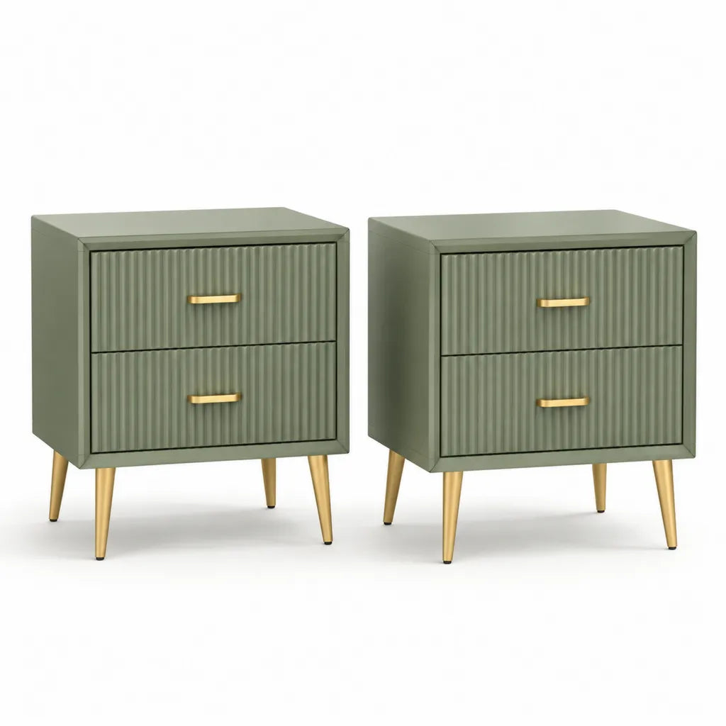 Nachttisch 2er Set mit 2 Schubladen MDF geriffelte Front salbeigruen goldfarben 45 x 40 x 60 cm