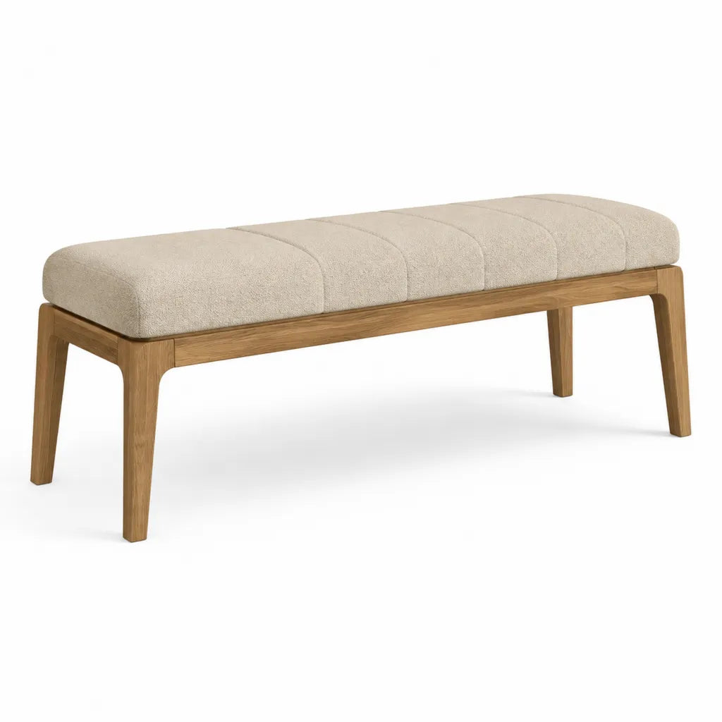 Bettbank Sitzbank 140 x 45 x 46 cm mit Boucl¨¦-Polyesterbezug und Eichenholzgestell Beige Natur