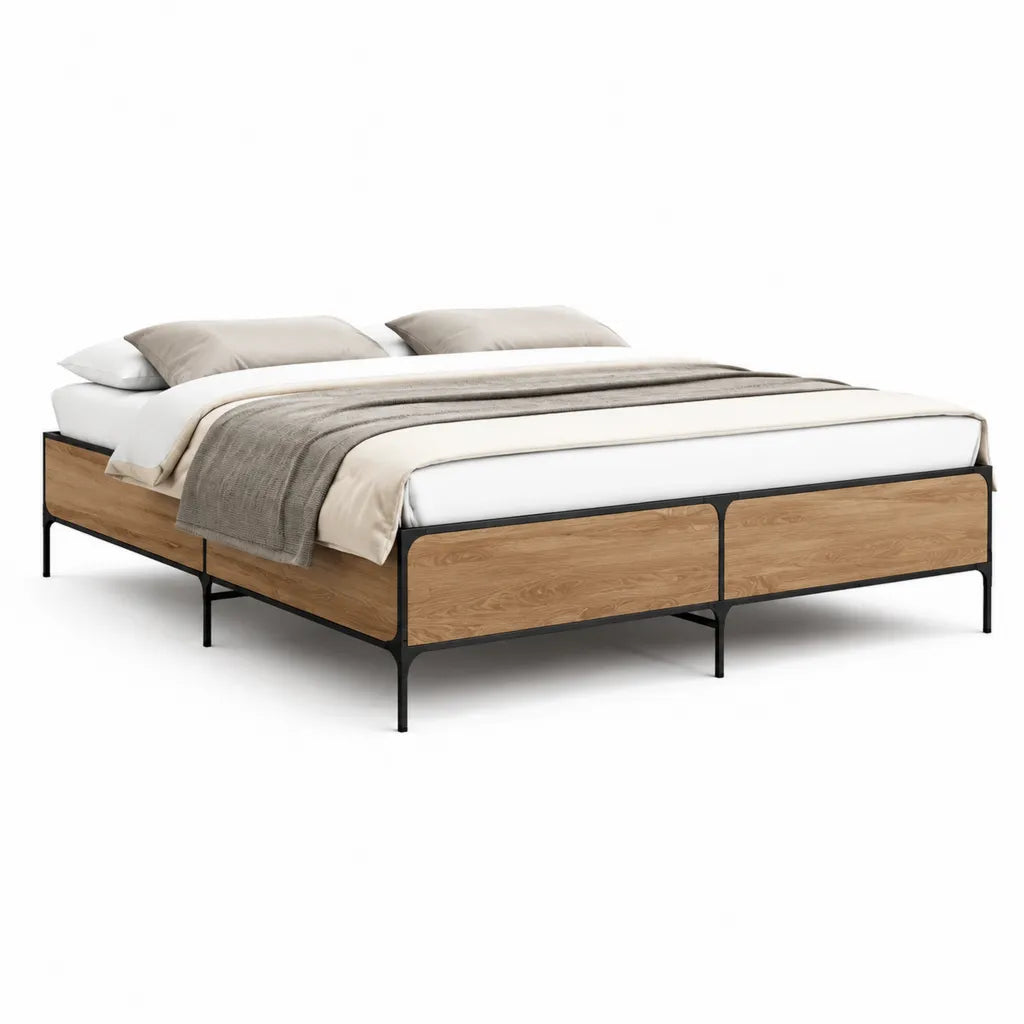 Doppelbett Bettgestell 180 x 200 cm rechteckig aus MDF mit Eichenoptik und Stahl Schwarz Natur