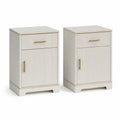 Nachttisch 2er Set mit Schublade und Tuer aus lackiertem MDF Weiss Gold 40 x 35 x 60 cm
