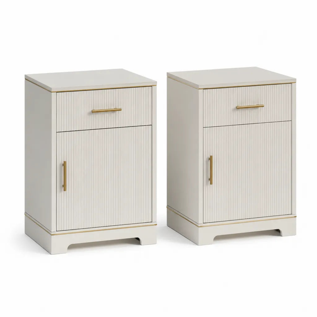 Nachttisch 2er Set mit Schublade und Tuer aus lackiertem MDF Weiss Gold 40 x 35 x 60 cm